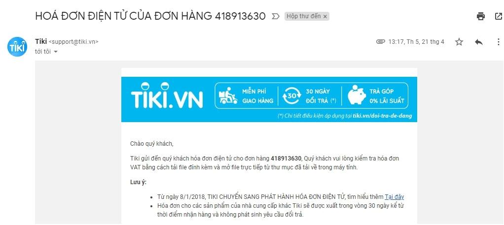 Email giao dịch để gửi khách hàng hóa đơn điện tử của Tiki.