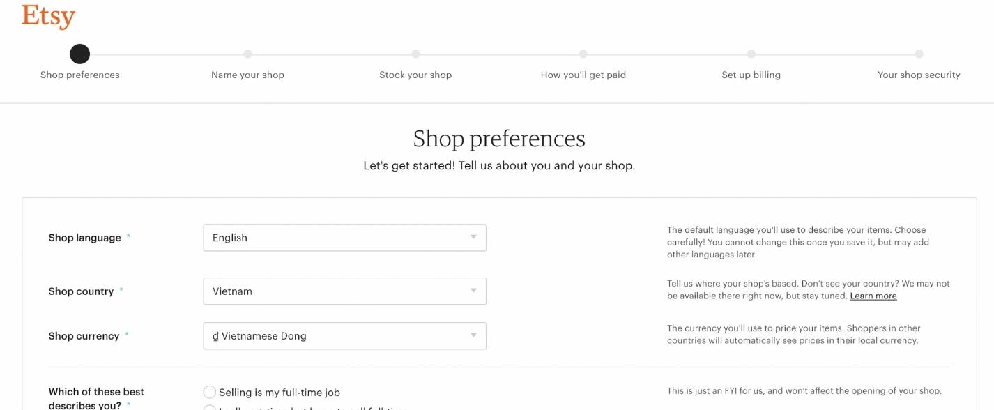 Giao diện cài đặt thông tin cửa hàng trên Etsy.