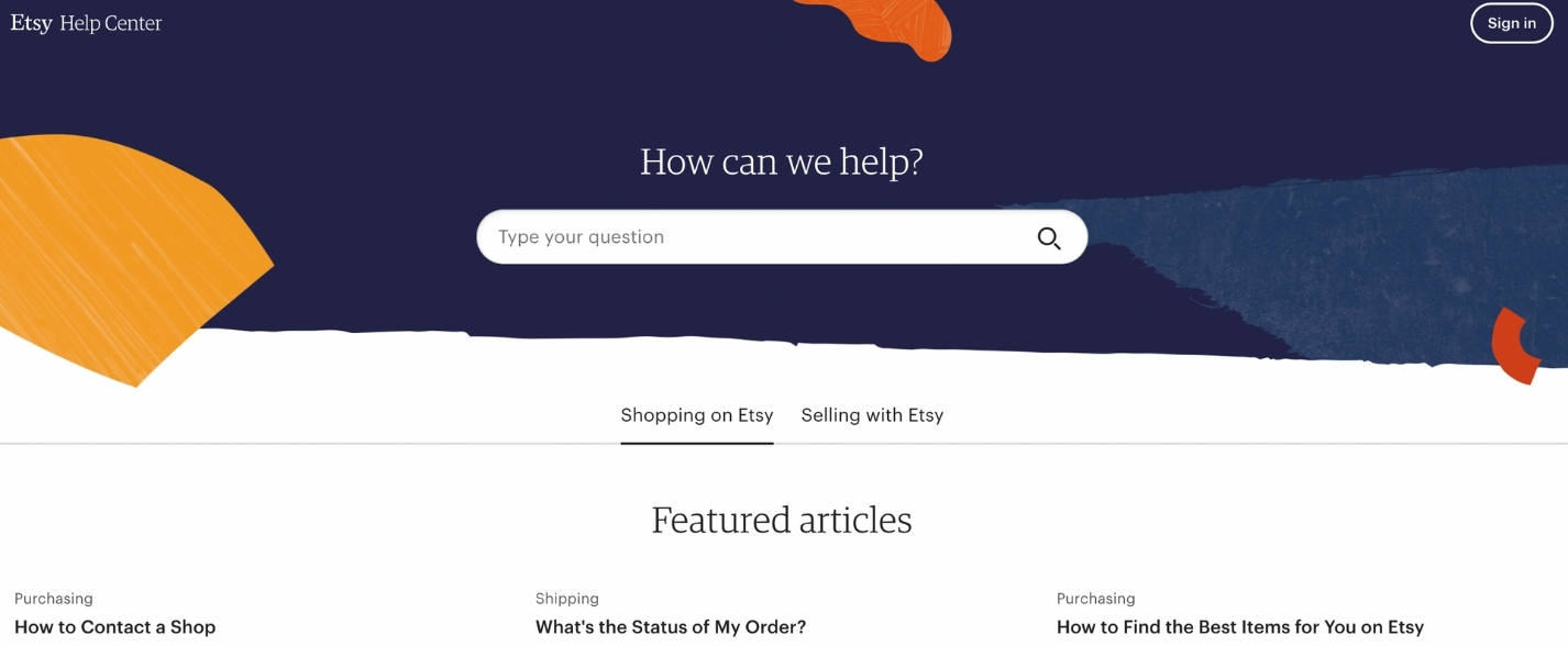 Help Center của Etsy hoạt động giống như một công cụ tìm kiếm.