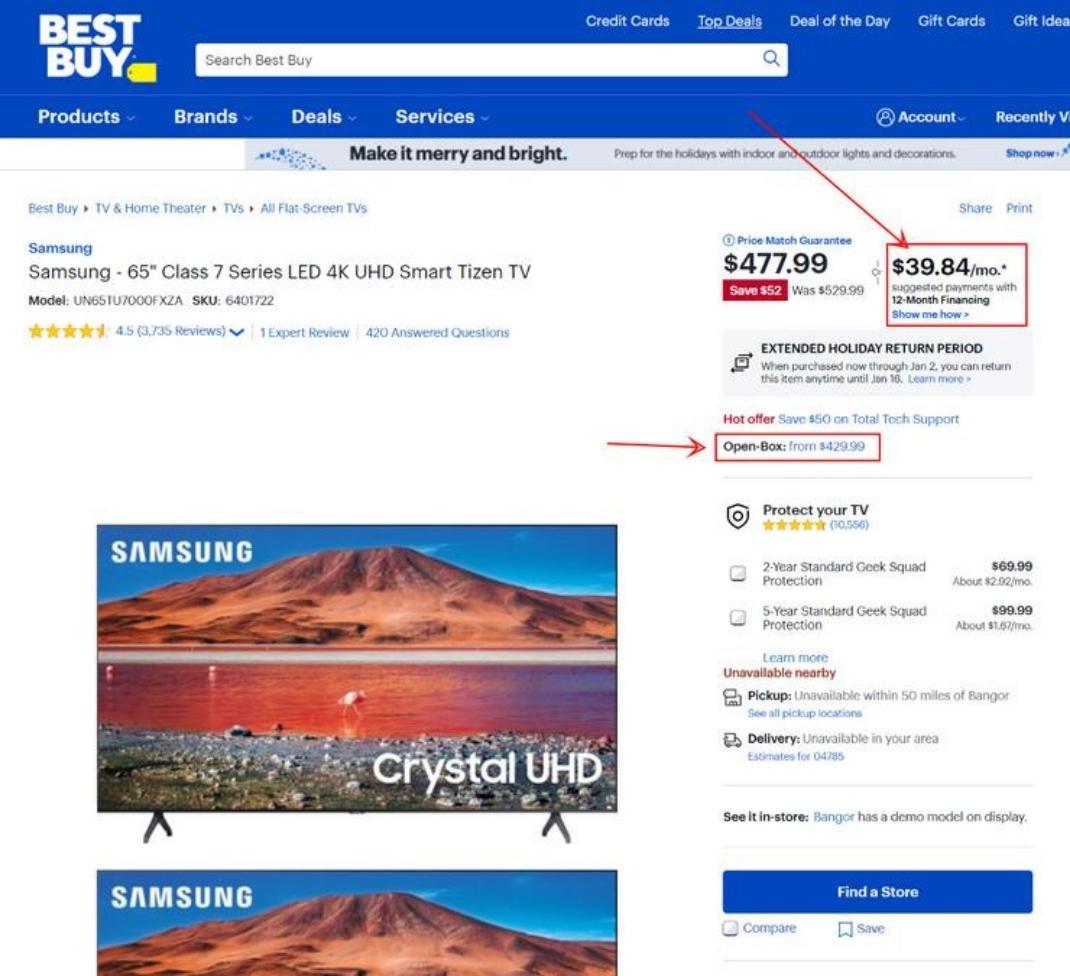 Bestbuy đưa ra tùy chọn trả góp cho hầu hết các sản phẩm giá cao của họ.