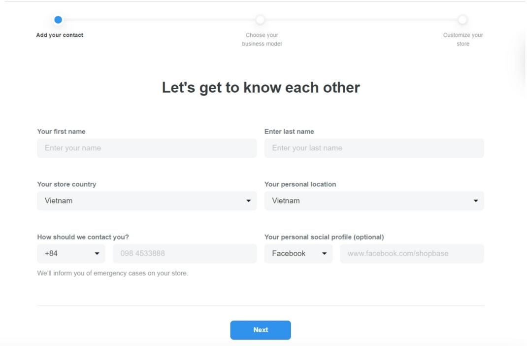 Trang đầu tiên bạn cần cung cấp thông tin cá nhân cơ bản để PlusBase xác định danh tính của bạn, sau đó nhấn Next.