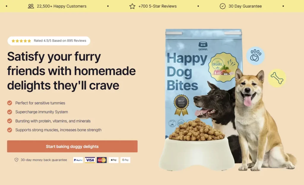 High-converting storefront theme hero section showcasing dog food product with strong headline, trust badges, and clear call-to-action 